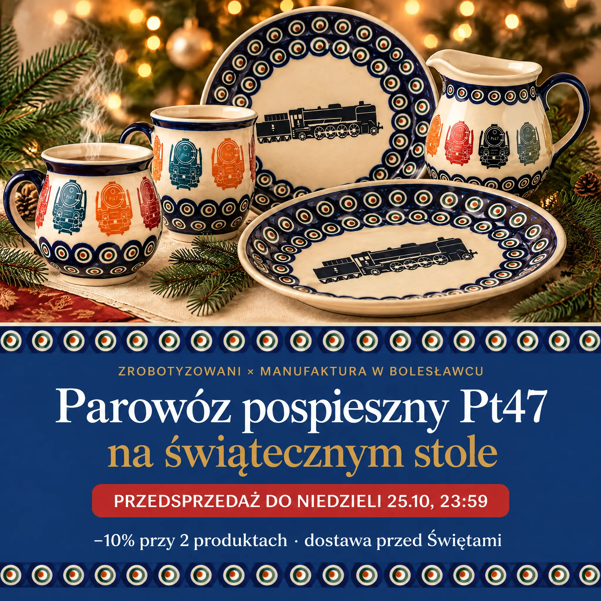 Kubki, talerz i półmisek z Bolesławca z parowozem Pt47 i wzorem pawie oczko na świątecznym stole – przedsprzedaż do 25 października